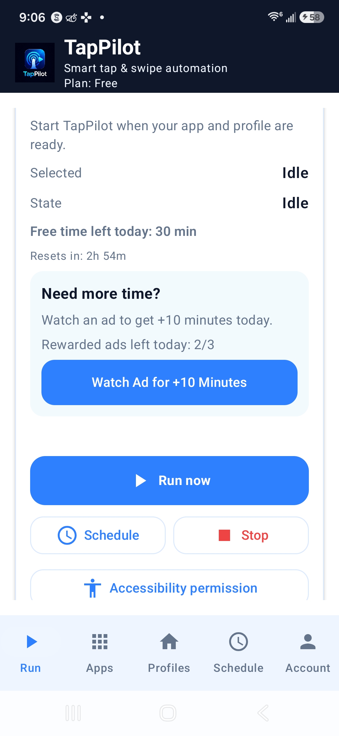 TapPilot Free run screen with rewarded ad option