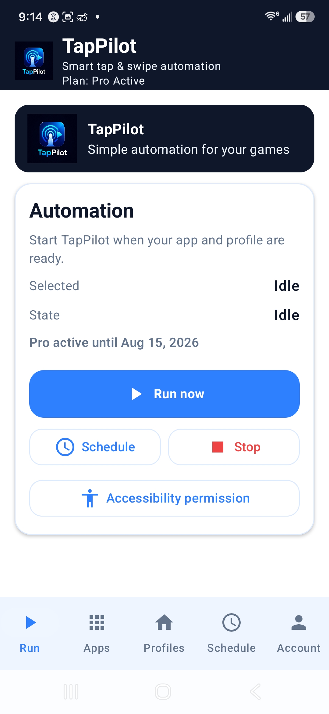 TapPilot Pro run screen showing unlimited time