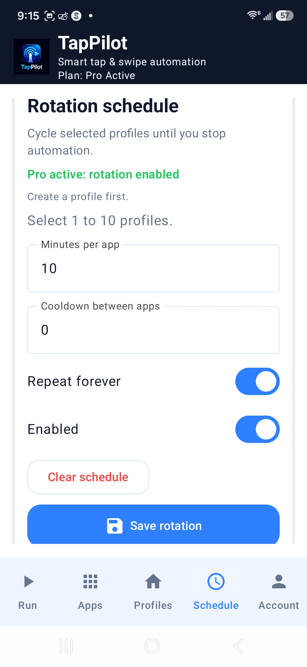 TapPilot Pro schedule screen with rotation enabled